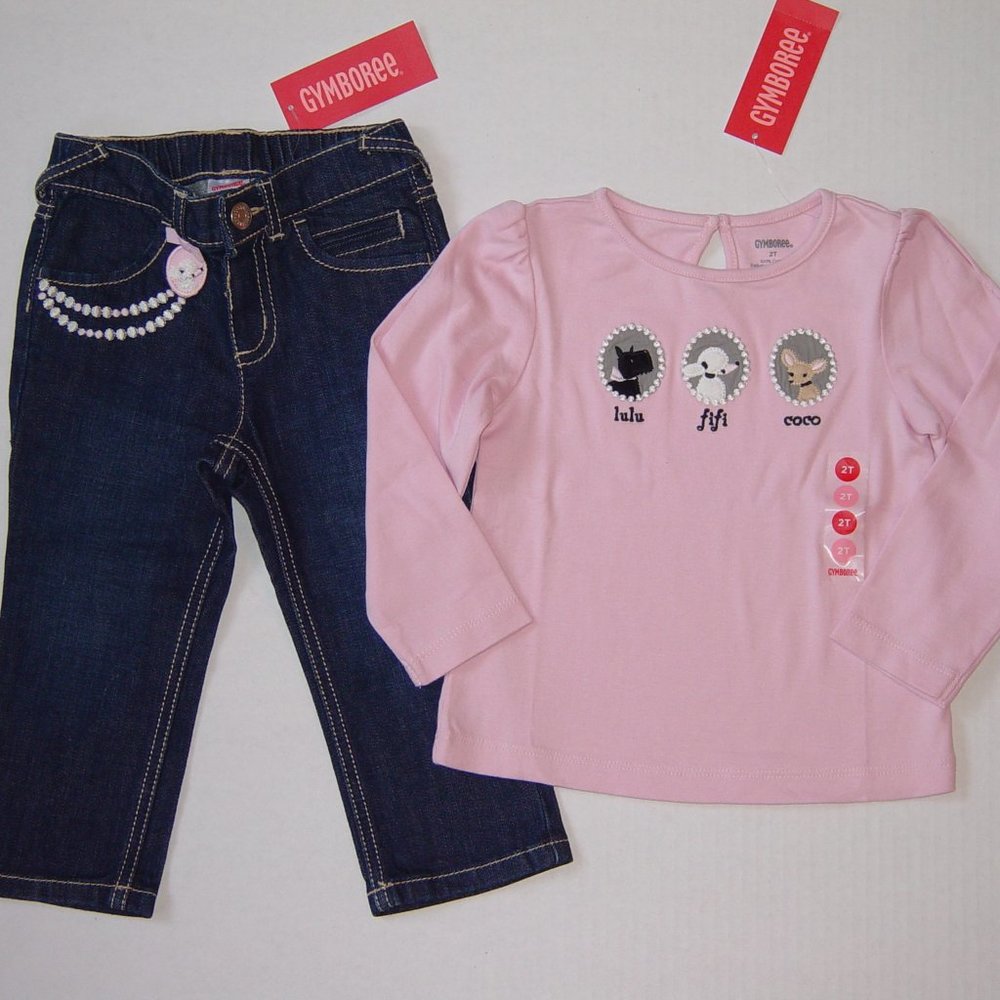 NWT Gymboree 2T top 24M jeans outfit Tres Fabulous dogs pink
